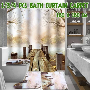 

1/3/4 Pcs Wooden Bridge Printing Bathroom Shower Curtain Sets Non-Slip Waterproof Rugs Toilet Lid Cover and Bath Mat Home Decor