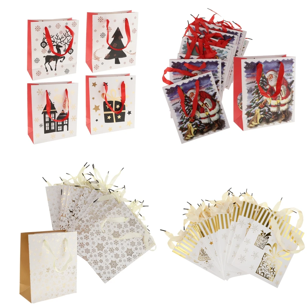 12pcs Christmas  Santa Claus Deer Snowflake Paper Gift Bags Handle Tote Bags Party Favor