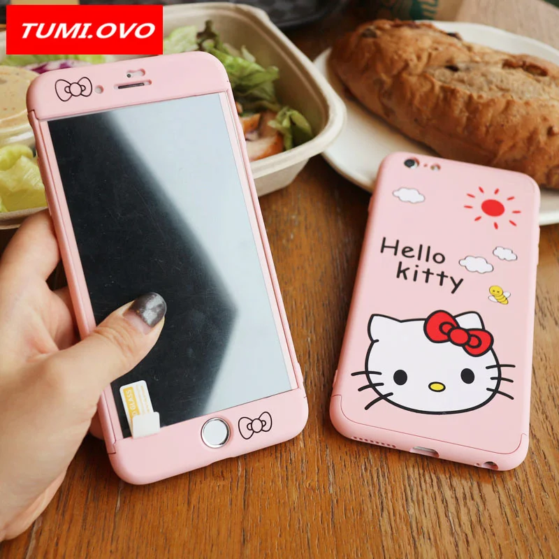 Beste Leuke Hard Cases voor iPhone 6 6 S 7 8 Plus Cartoon Mickey Minnie Hello Kitty Cover 360 Graden Full Body voor iPhone 8 Case + Glas