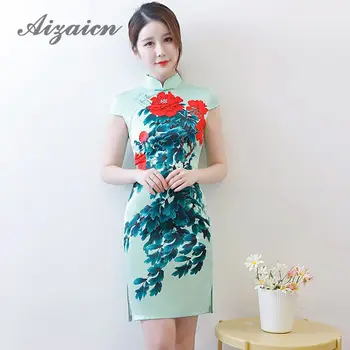 

Chinese Tradition Ladies Cheongsam Qipao Dress Green Short Modern Vestido Oriental Dresses Sexy Cheongsams Seda Elegant Girls