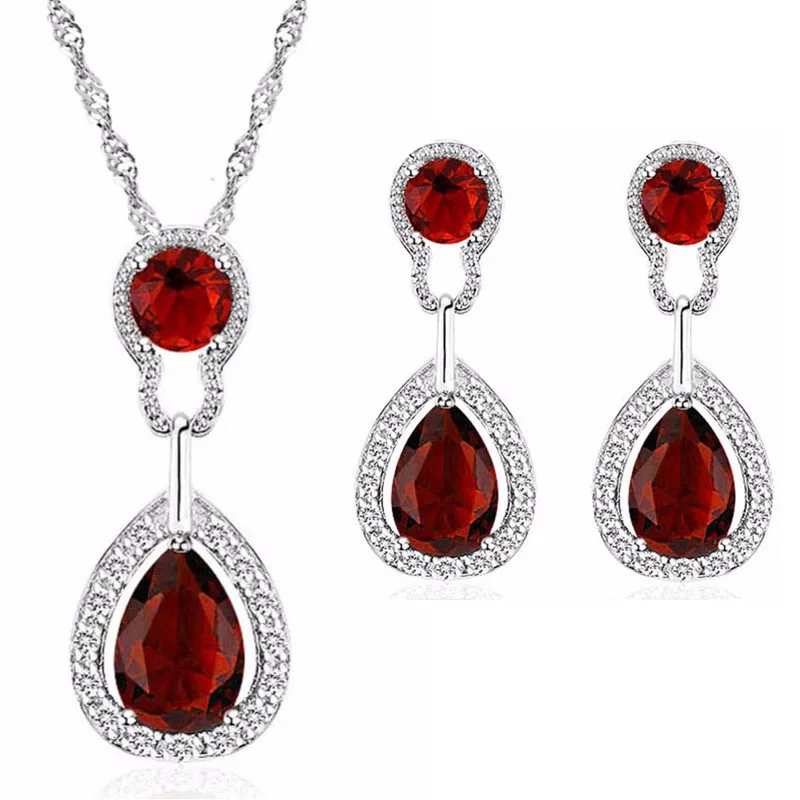 Свадебные Ювелирные наборы для женщин, Зеленый Кристалл, серебряный цвет, слеза, индийские ювелирные изделия, ожерелье, набор - Окраска металла: red