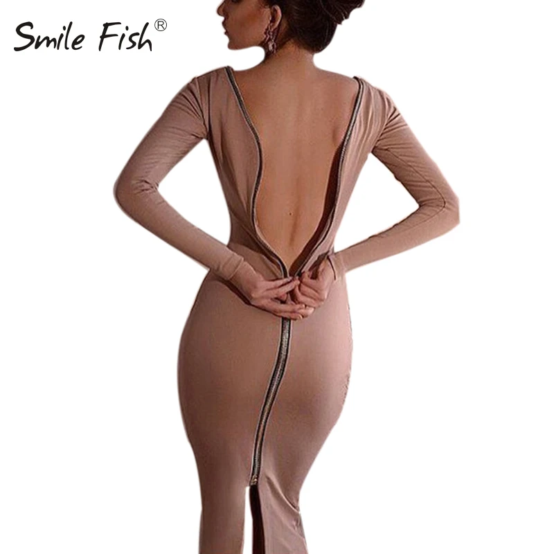 

2019 Spring Autumn Women Long Sleeve Back Zipper Split Backless Bodycon Sexy Club Midi Pencil Dress Sheath Party Robe M0005