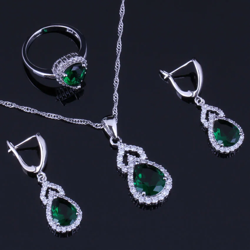 

Superb Pear Green Cubic Zirconia White CZ 925 Sterling Silver Jewelry Sets For Women Earrings Pendant Chain Ring V0294
