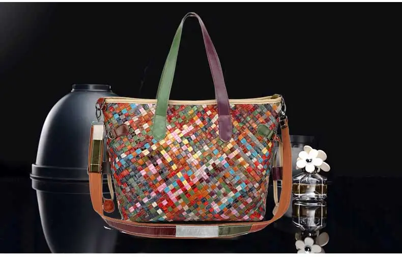 Genuine Leather Handmade Women's bag  Knitted  Colorful  Shoulder  Bag Strap satchel cow skin handbags (5)