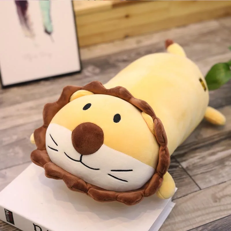 Lion plush toy cute girl sleeping in bed, pillow lying on the big lion doll doll girl