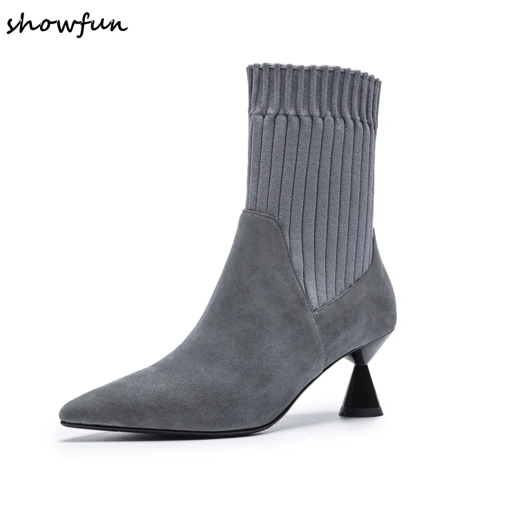 

Women's Genuine Suede Leather Ankle Boots Sexy High Heel Pointed Toe Short Booties Autumn Winter Black Slim Boots Gray Shoes Hot
