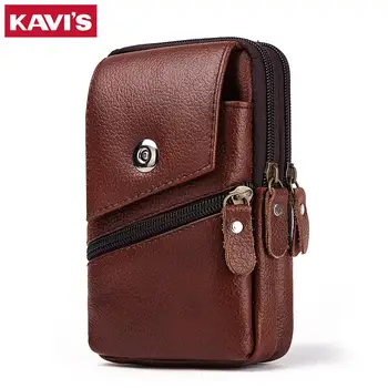 

KAVIS 100% Genuine Leather Waist Packs Men Travel Fanny Pack Belt Loops Hip Bum Bag Mobile Phone Pouch Holder Male High Quality