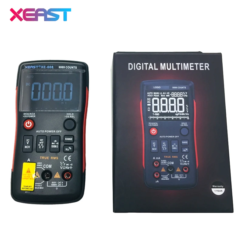 XEAST XE-608 True-RMS Digital Multimeter Button 9999 Counts With Analog Bar Graph AC/DC Voltage Ammeter Current Ohm Auto/Manual