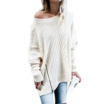 

ZADORIN Sweaters Women Invierno 2019 Solid Off Shoulder Batwing Long Sleeve Pullover Zipper Knitted Sweater Loose Casual Black