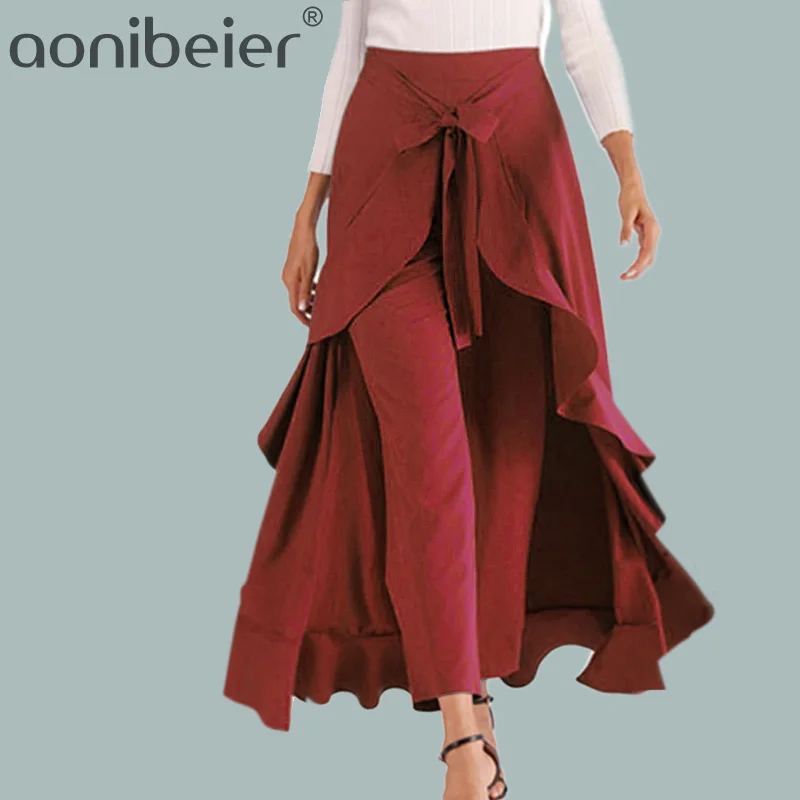Aonibeier брюк для Для женщин Демисезонный Высокая Талия Длинные брюки женские Повседневное прямые брюки с завязкой и рюшами Слои