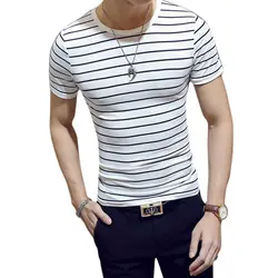 2019 Летняя мужская футболка, модные топы в полоску с коротким рукавом, Повседневная футболка с круглым вырезом, большие размеры, облегающая