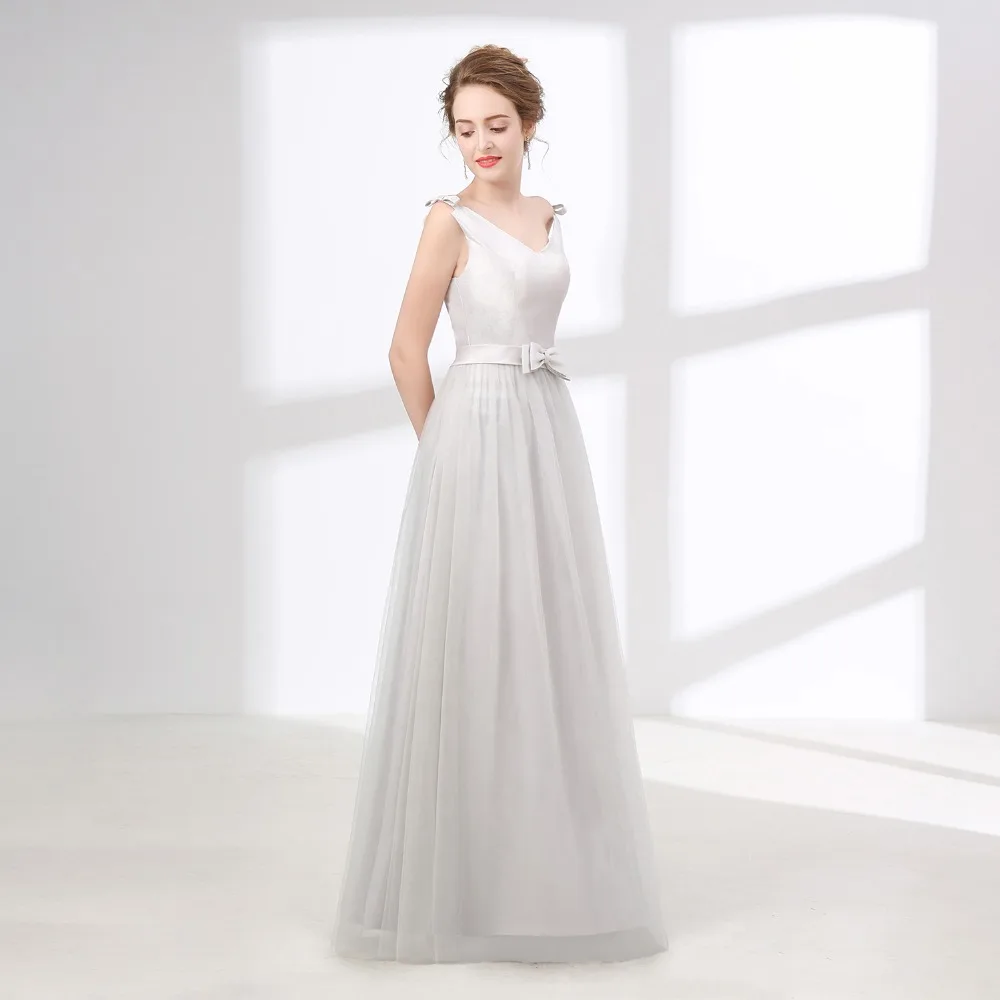 JaneVini Robe Light светло-серое длинное платье подружки невесты для женщин v-образный вырез Тюль Простые Вечерние платья для свадьбы