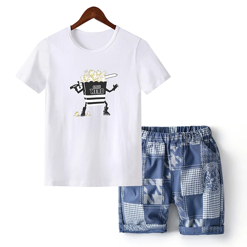 Комплект одежды для мальчиков-подростков, лето, футболка с рисунком Гавайские шорты Одежда для мальчиков-подростков 6, 8, 10, 12, 13, 14 лет - Цвет: 05 Blue