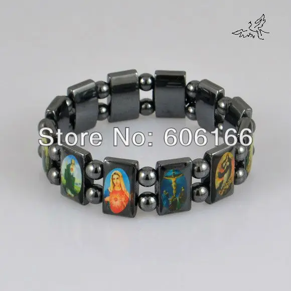 

6pc Hematite Catholic Rosary Beads Bracelet Images with Glue JESUS SAINTS Angel Fashion Religious Jewelry