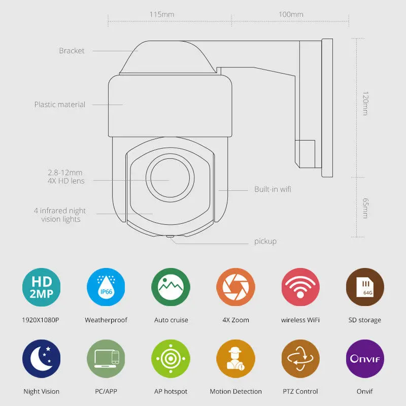 1080P 2MP WiFI PTZ наружная ip камера 2 8 12 мм Автофокус Водонепроницаемая ночного