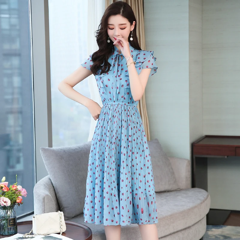 Dot Summer Blue Party Dress Plus Size Long Elegant Lady Slim Midi Office Vintage Short Sleeve Runway Vestido 2019 New Arrivals
