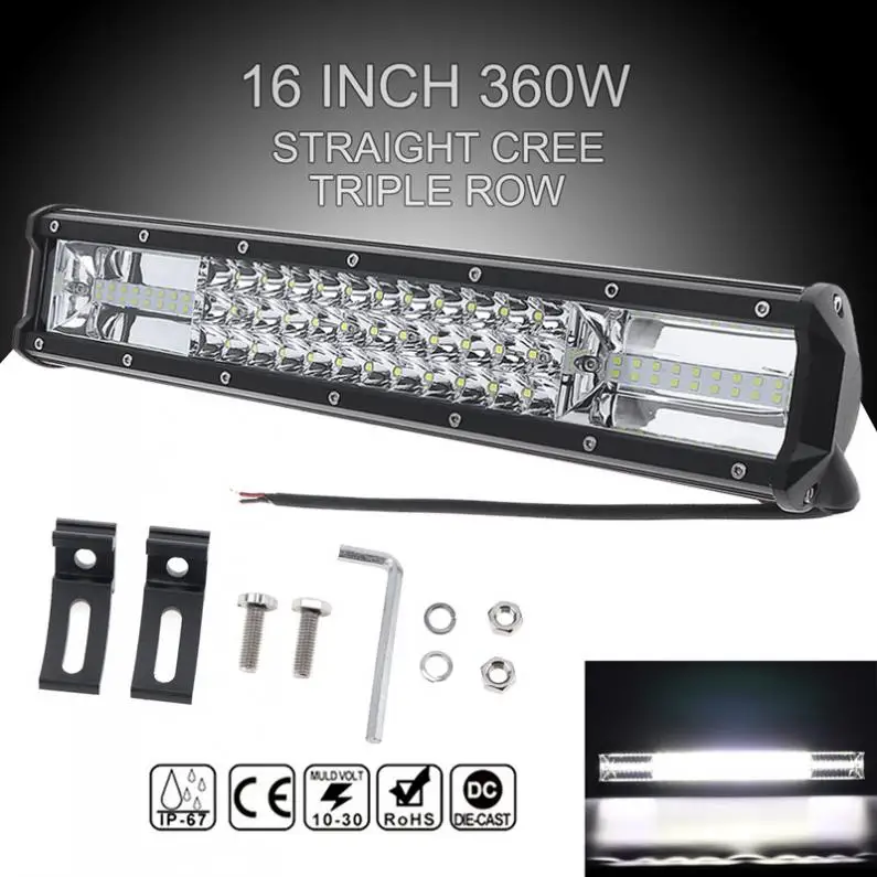 7D Offroad Light Bar16 Inch 360W Triple Row Spot Flood Combo Car LED Work Pure White 6000K Auto Driving Lamp | Автомобили и