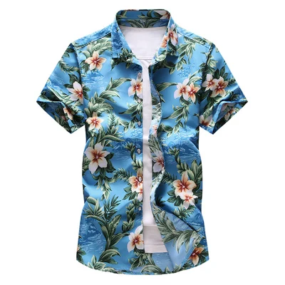 Летние Новые поступления рубашки мужские модные Гавайские рубашки с коротким рукавом с принтом Мужские повседневные пляжные рубашки с цветочным принтом большие M-7XL - Цвет: 6915 Sky Blue