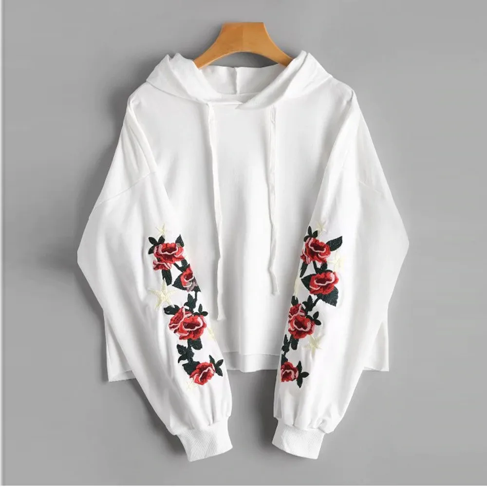 

Women Autumn Winter Casual Daily Long Sleeves Floral Embroidered Patch Drawstring Hoodie Blouse Tops Gift