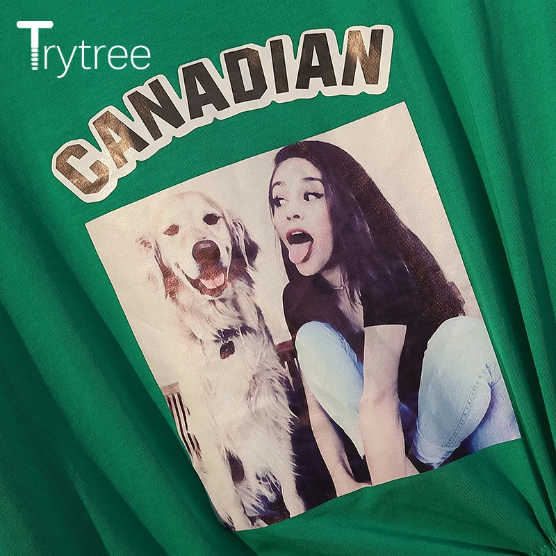 Trytree лето Повседневная Женская футболка женский Печатный с круглым вырезом Топ нерегулярный подол выдалбливают Высокая уличная мода жен. футболка с длинными рукавами