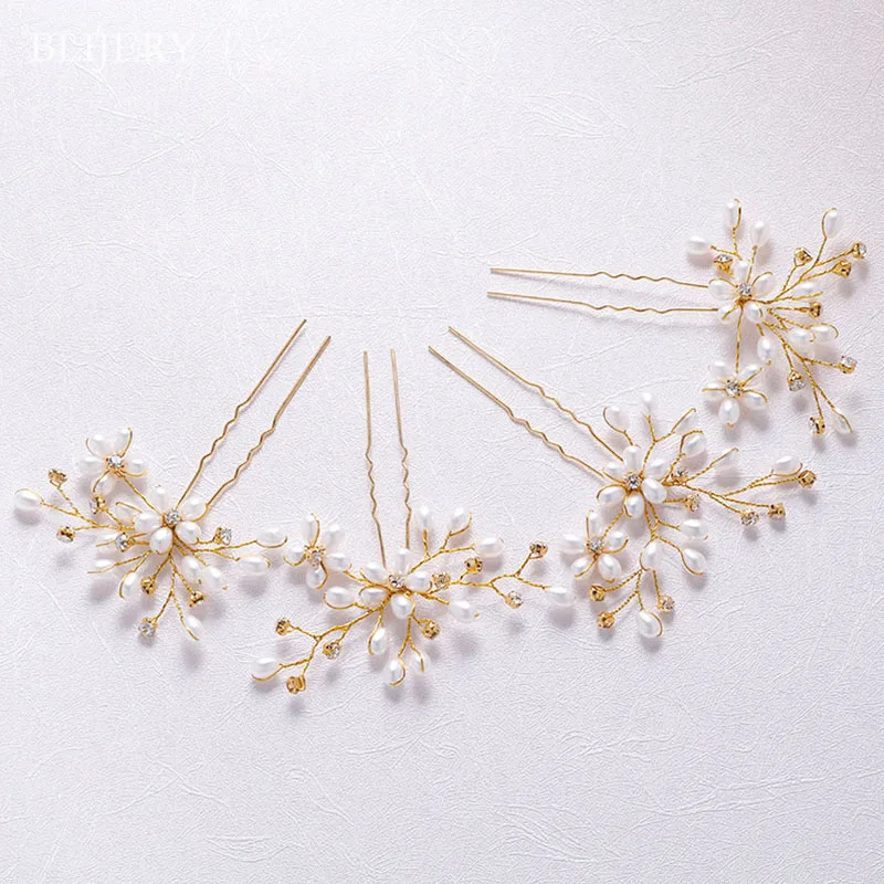 

BLIJERY 4Pcs/lot Handmade Simulated Pearl Crystal Hairpins For Wedding Hair Jewelry Floral Hair Pins Bridal Hair Accessories