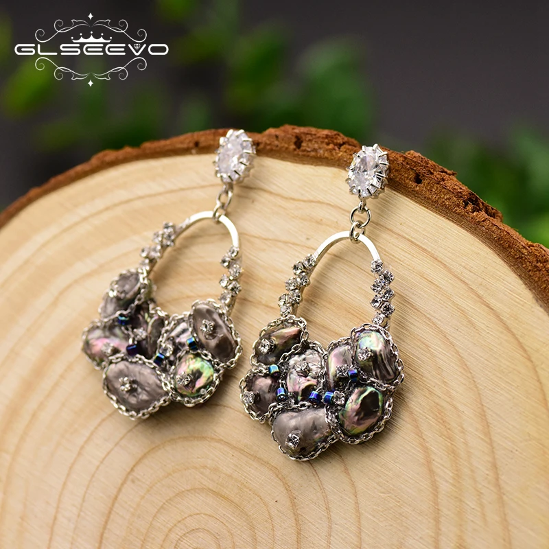 

GLSEEVO Handmade Natural Black Pearl Drop Earrings For Women Pave Zircon Wedding Jewelry Boucle D'oreille Femme 2019 GE0696