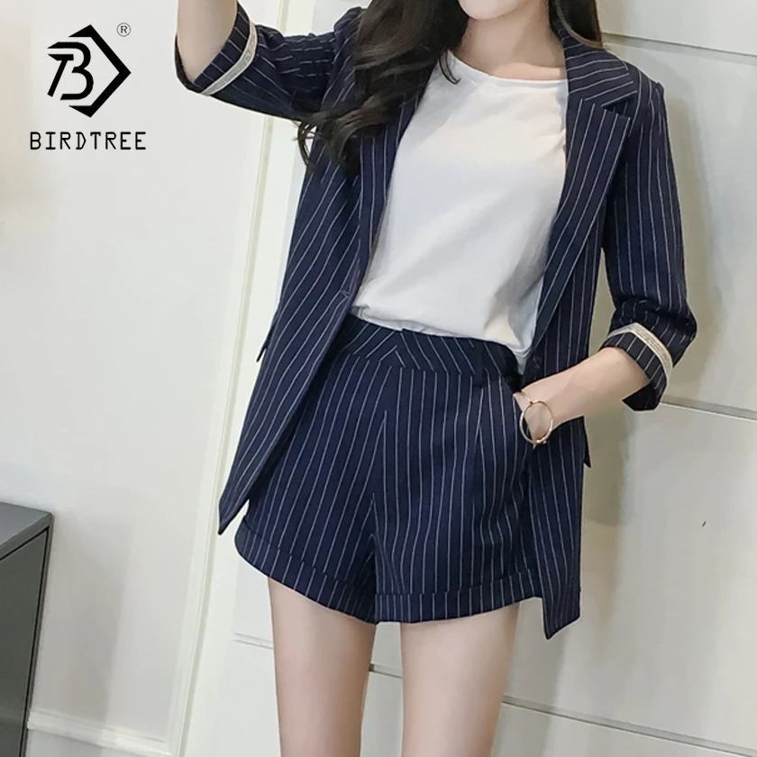 

2018 Spring New Arrival Office Lady Striped Suit Half Sleeve + Loose Shorts Woman Suits Casual Woman 2 Piece Set Hot S83708F
