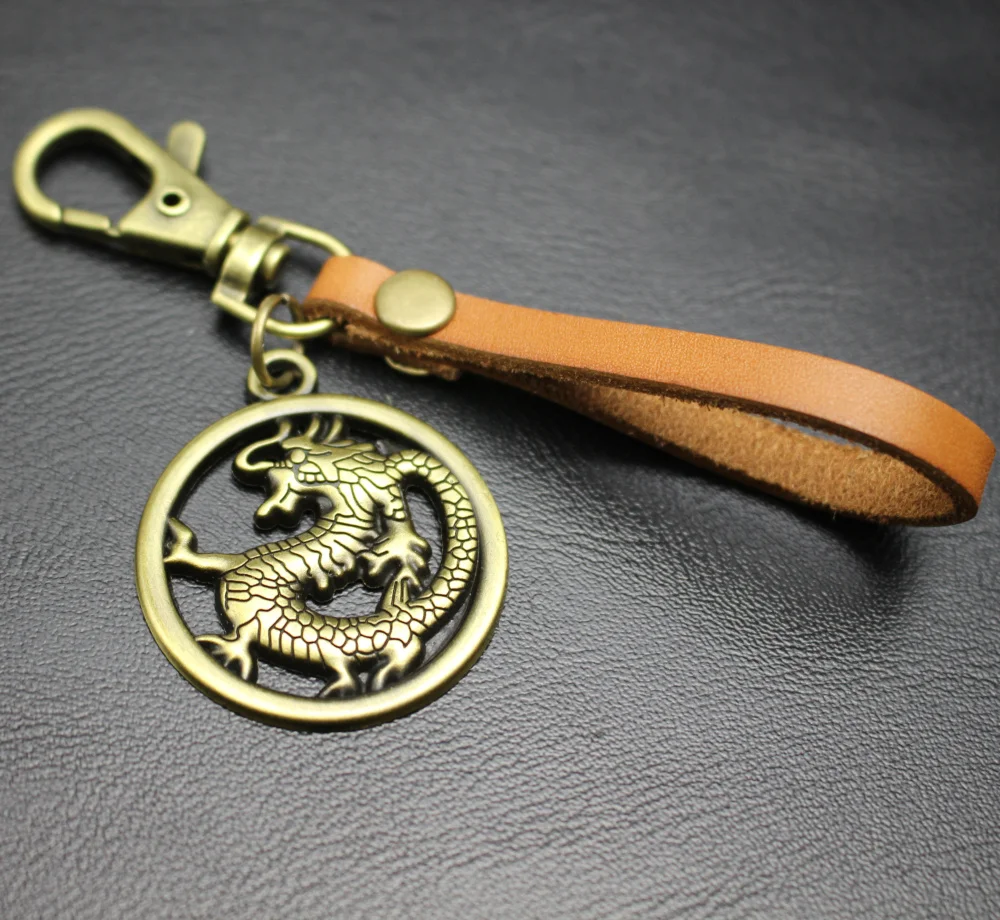 

China Dragon Pendant Leather KeyChain Dog Hook Buckle Keyings Car Key Holder Lovers Bag Hang Valentines Gift 8 Colors