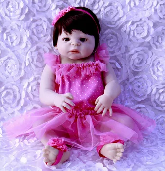 

57 cm Full Silicone Body 23'' Baby Doll Toy For Girl Lifelike Babies Reborn Doll Real Princess Wear Pink Dress For Children Toys