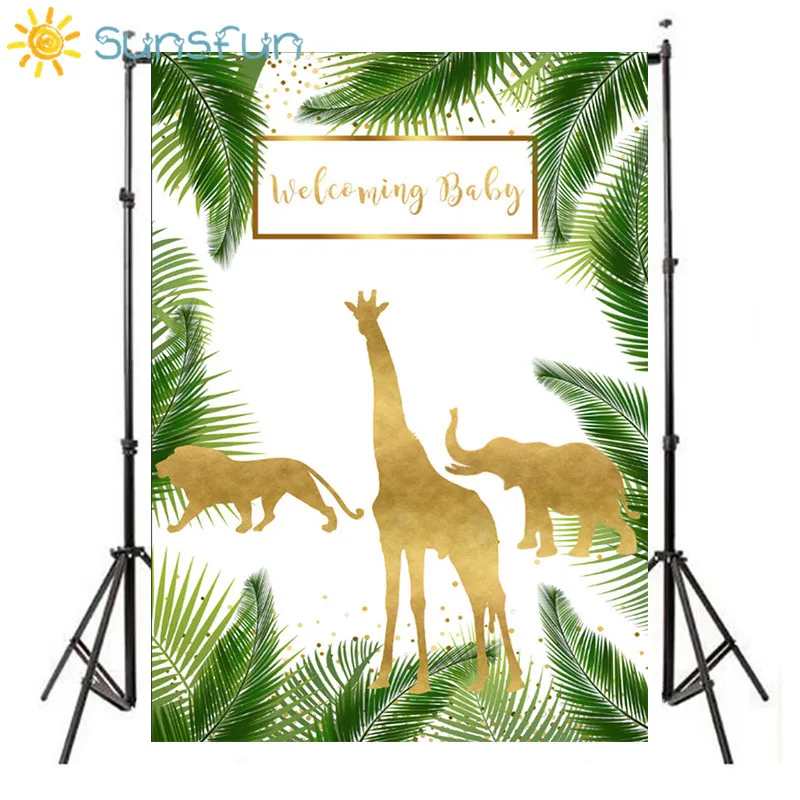 

Sunsfun Green Baby Shower Jungle Safari Animal Giraffe Lion Elephant photo backdrop Computer print party background