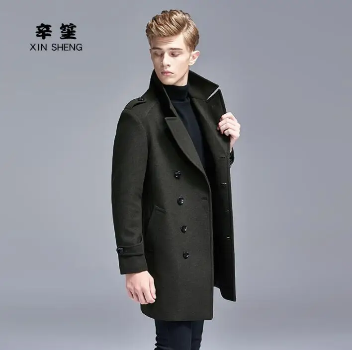 

Casual woolen coat men double-breasted trench coats long sleeves overcoat mens cashmere coat england autumn winter black grey