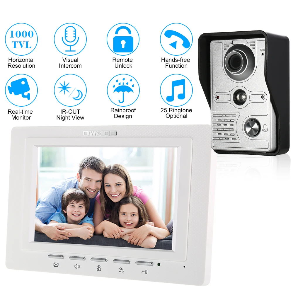 

OWSOO 7inch Visual Intercom Two-way Audio Remote Unlock Video Door Phone Indoor Monitor IR-CUT Rainproof Outdoor Camera