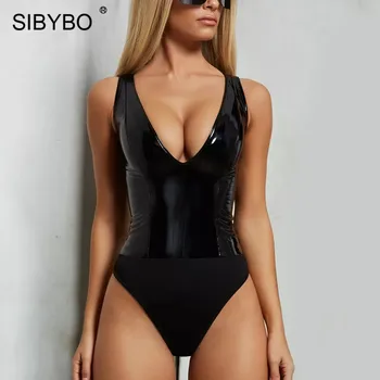 

Sibybo V-Neck PU Leather Skinny Sexy Women Bodysuit Sleeveless Patchwork Summer Romper Women Beach Casual Ladies Bodysuits