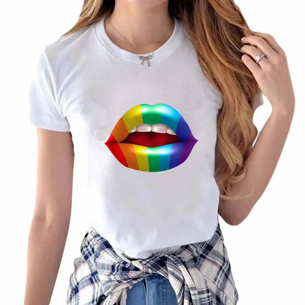 

SAGACE Women T Shirt Fashion Personality Color Lips Print Short Sleeve Round Neck T-Shirt Woman Tee Tops Casual funny T-shirts