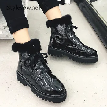 

Stylesowner Western Style with Real Rabbit Fur Short Boots Thick Bottom Warm with Plush Platform Martin Boots Lace-up Comfort