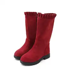 Детская Зимняя сапоги обувь для девочек модные сладкий с кожаные ботильоны Длина и резиновые зимние Короткие штаны с плоской подошве для