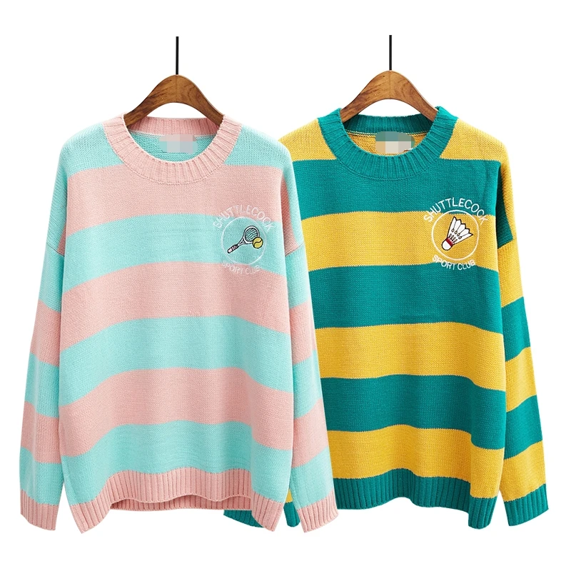 

sweaters women harajuku style 2019 korean kawaii winter cartoon pullover stripes cute embroidery racket oversized sweater women