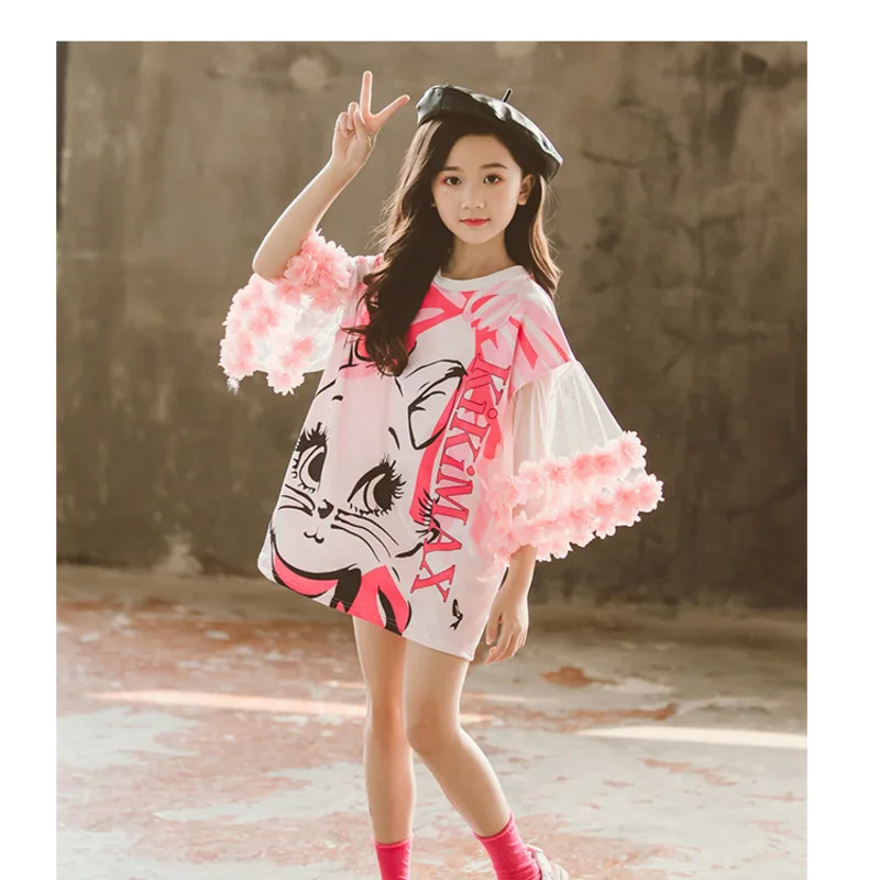 

Cartoon Bowknot Cat T-shirts Printed Big Child Leisure Dress Modal Casual Above Knee Lace Dress Beach Kids Cloths