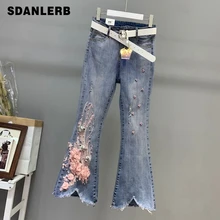 Рваные ковбойские расклешенные брюки женские новые модные аппликации ногтей бусины блестящие джинсы женские узкие эластичные джинсы женские джинсовые брюки