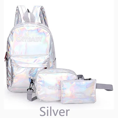 Yogodlns 2019 Holographic Laser Backpack Embroidered Crybaby Letter Hologram Backpack set School Bag +shoulder bag +penbag 3pcs