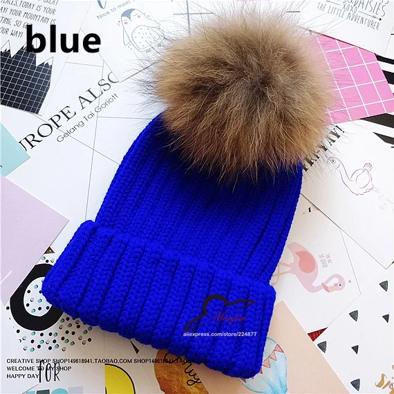 Большой настоящий помпон из лисьего меха зимняя теплая шапка вязаные с помпоном из меха норки помпоны шапочка Женская лыжная шапка с Помпон Мяч - Цвет: blue hao