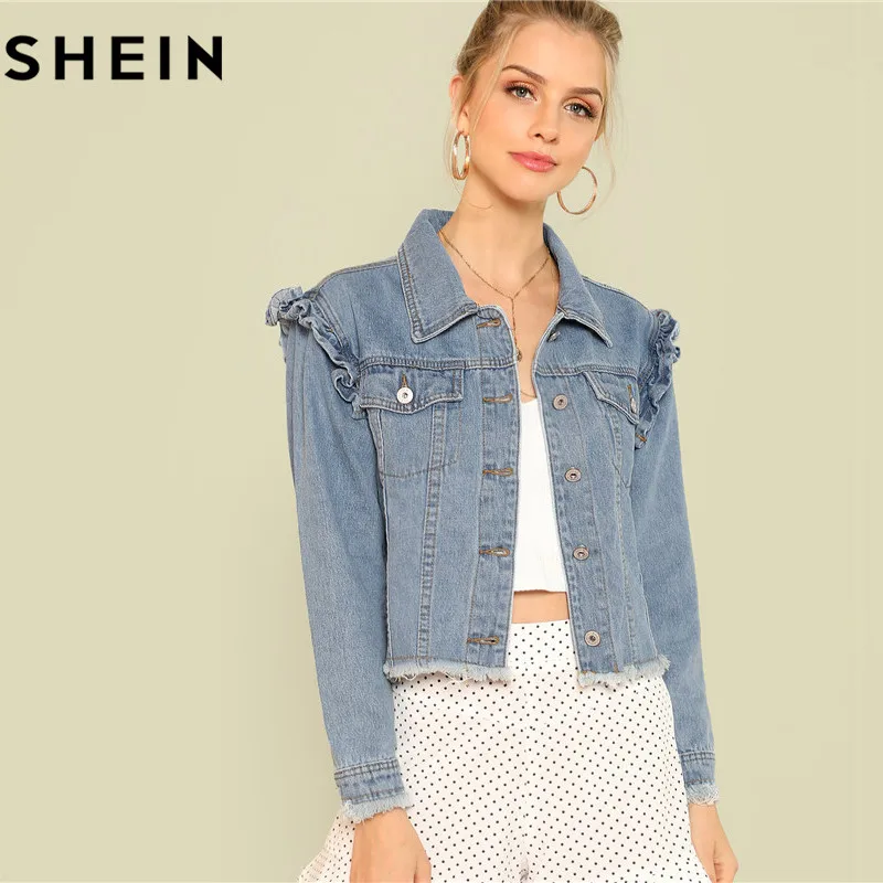Buy SHEIN Long Sleeve Blue Women Casual Denim Jackets