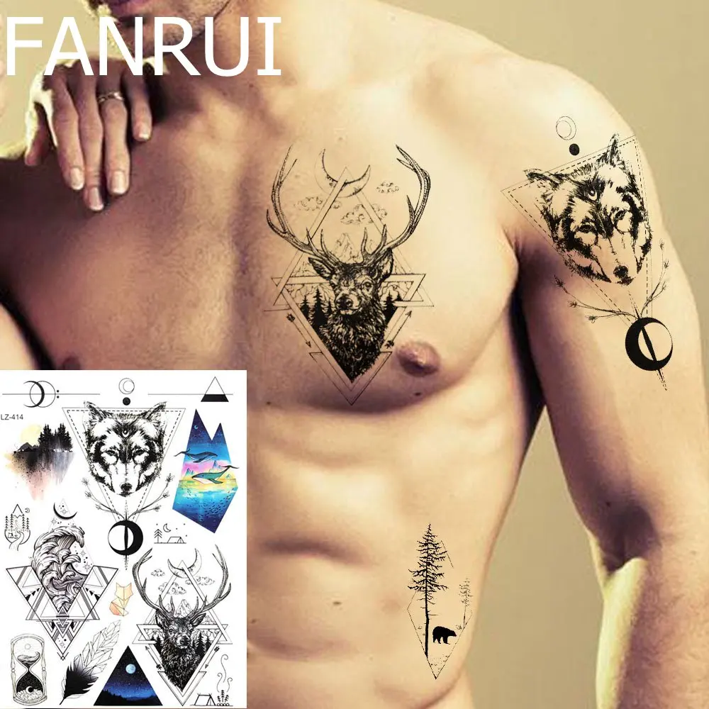 

Temporary Tattoo Stickers Men Chest Deer Totem Water Transfer Tatoos Women Body Arm Art Geometric Wolf Fake Tattoo DIY Xmas Gift