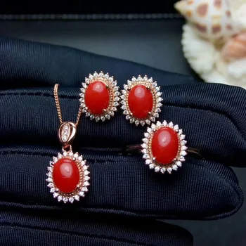 

shilovem 925 sterling silver Natural red coral pendants rings earrings women plant party send necklace gift jctz685746agsh