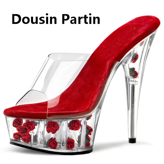 Handmade Beautiful Slip-On Rose Women Sandals Transparent PVC Open Toe High Heels Sexy Women Slipper Women Shoes Zapatos Mujer