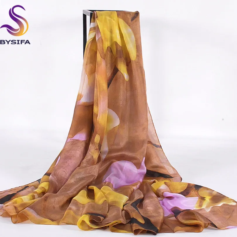 [BYSIFA] зимние женские длинные шарфы, дизайн, Женские аксессуары, чистый Шелковый шарф, накидка 200*110 см, женские розовые шарфы - Цвет: coffee lotus