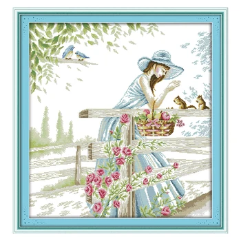 

JoySunday crossstitch kits The girl with squirrels DMC14CT11CT needlework kits livingroom bedroom baby room factory wholesale