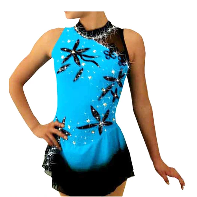 Cheap Customized Ice Skating Figure Skating Dress Gymnastics Blue Black Flower Adult Girl Skirt Performance Commpetition Rhinestone