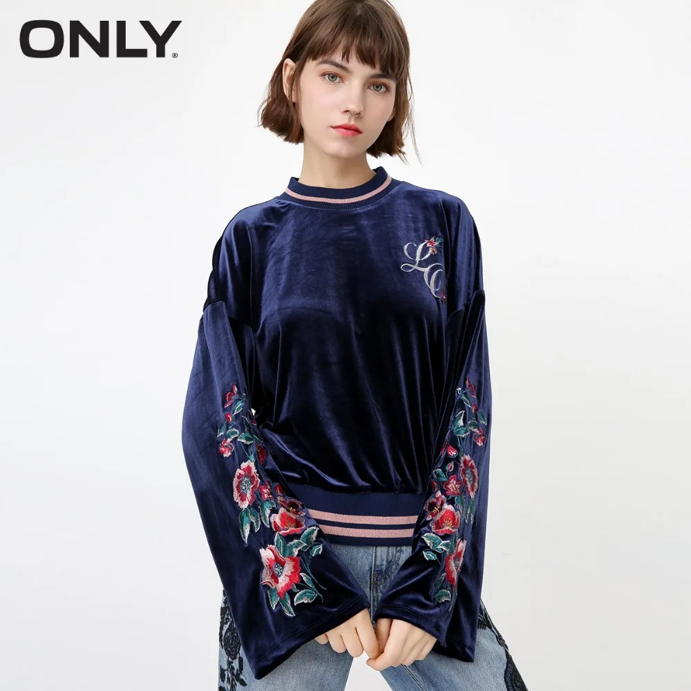 ONLY Velvet flower embroidery loose sleeves fleece female