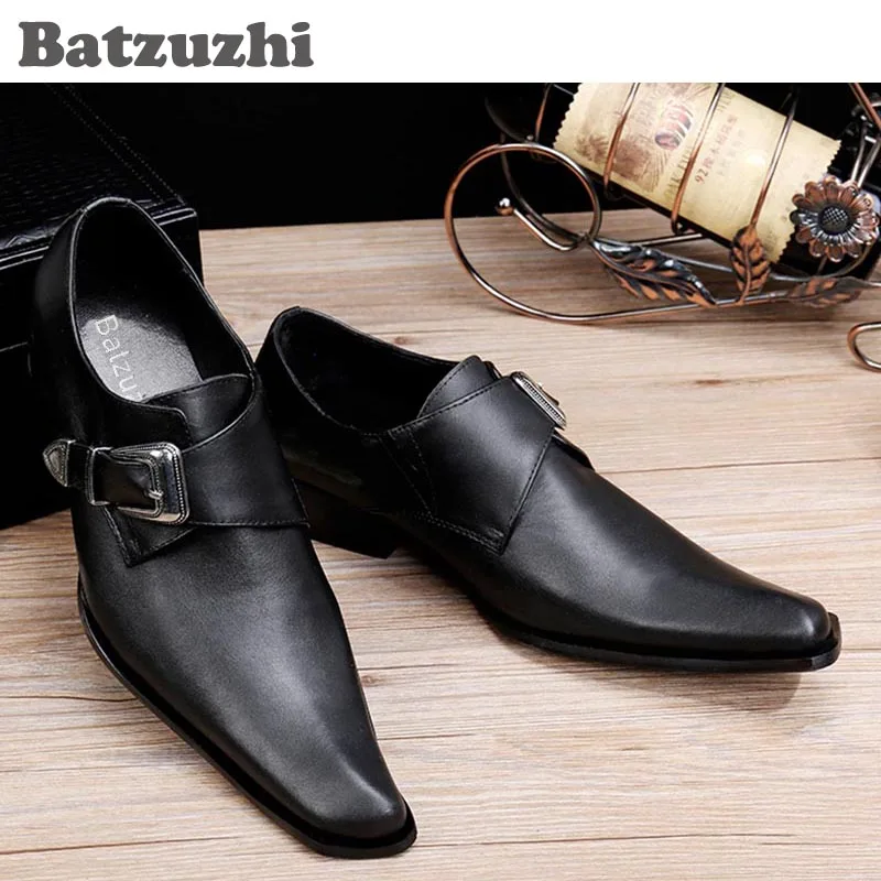 Batzuzhi японский Стиль мода квадратный носок Мужская обувь черный Кожаные модельные туфли Обувь Для мужчин пряжкой Низкие Свадебные/Бизнес